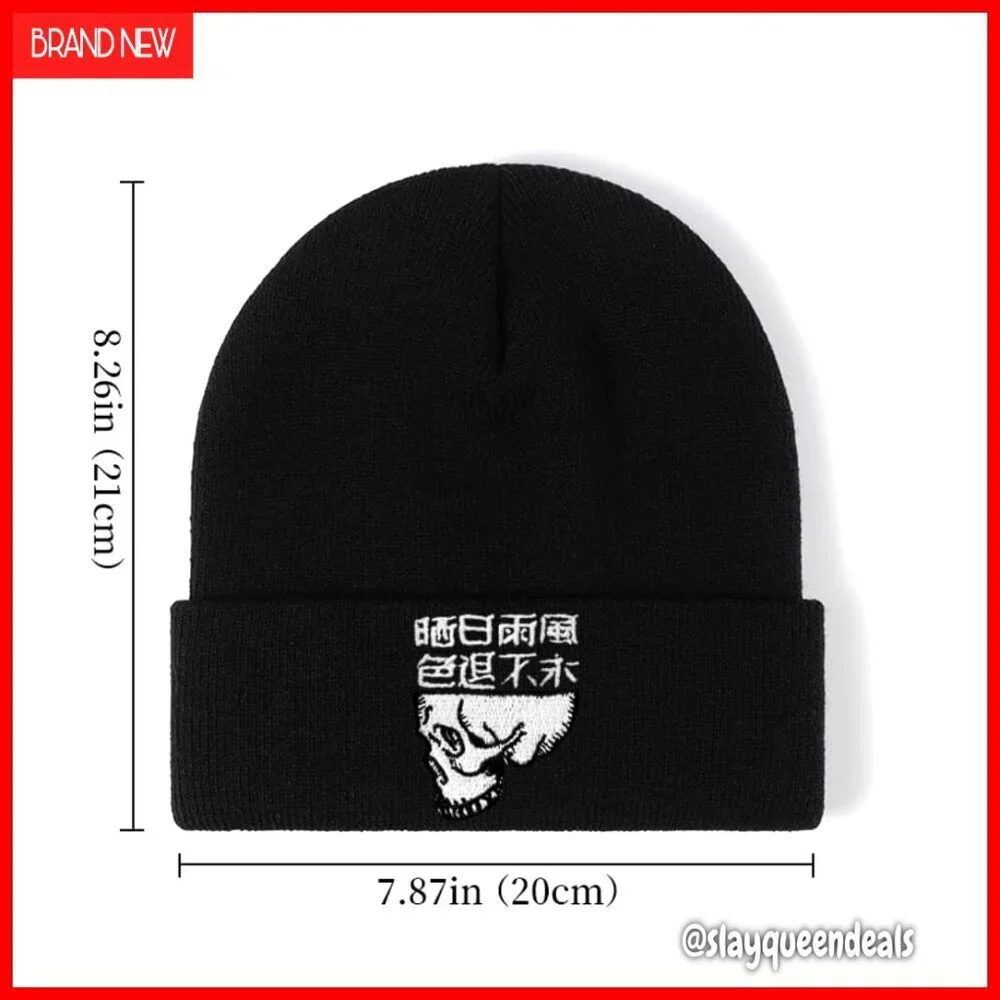 Unisex Skull Embroidered Knit Beanie, Acrylic Stretchy Fit, Gothic Style